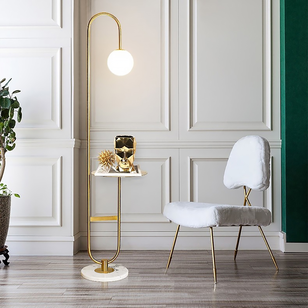 HMR - 60" Arc Floor Lamp with Shelf with Glass Shade and Marble Base in Gold
