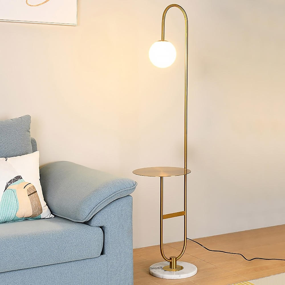 HMR - 60" Arc Floor Lamp with Shelf with Glass Shade and Marble Base in Gold