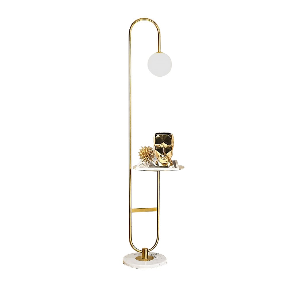 HMR - 60" Arc Floor Lamp with Shelf with Glass Shade and Marble Base in Gold