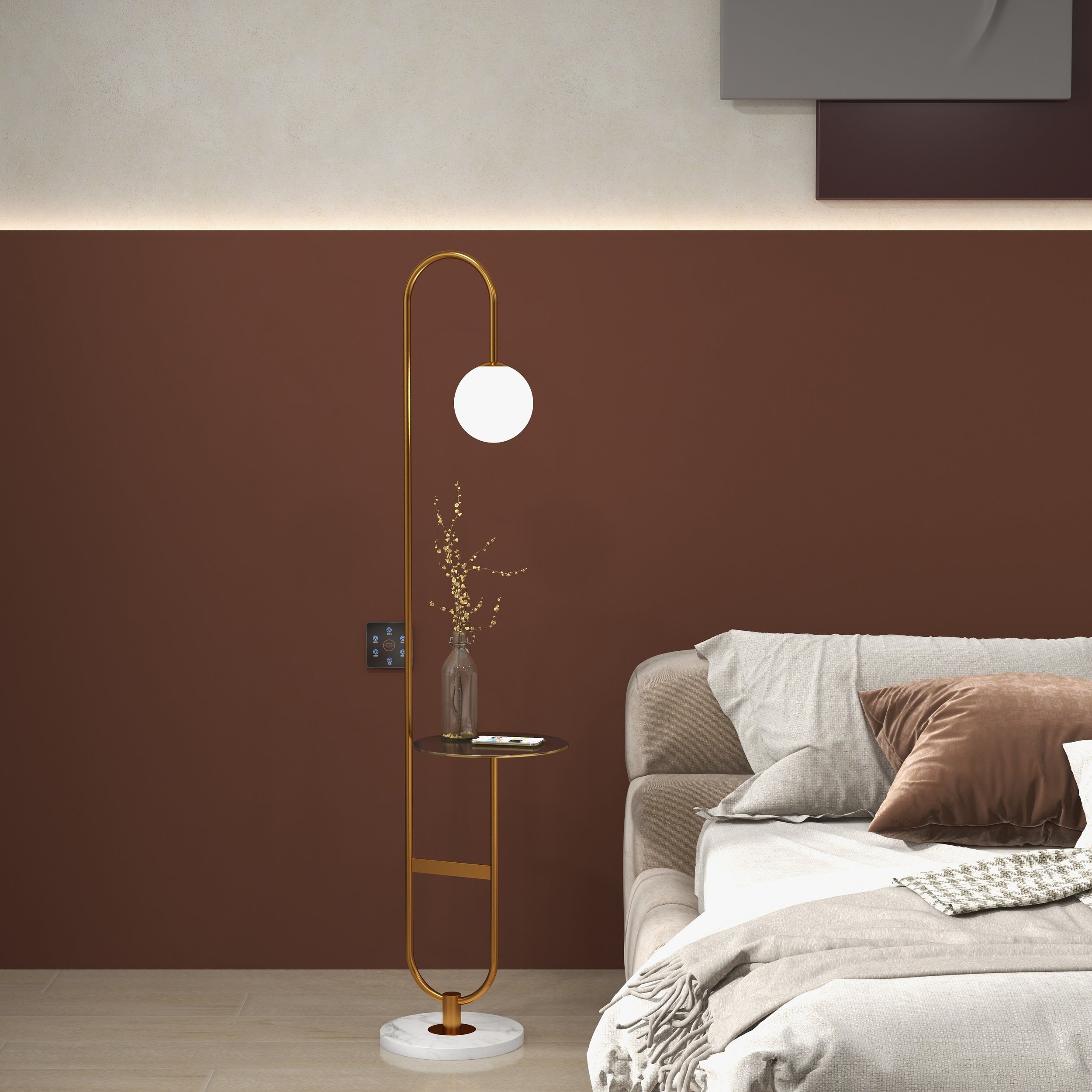 HMR - 60" Arc Floor Lamp with Shelf with Glass Shade and Marble Base in Gold