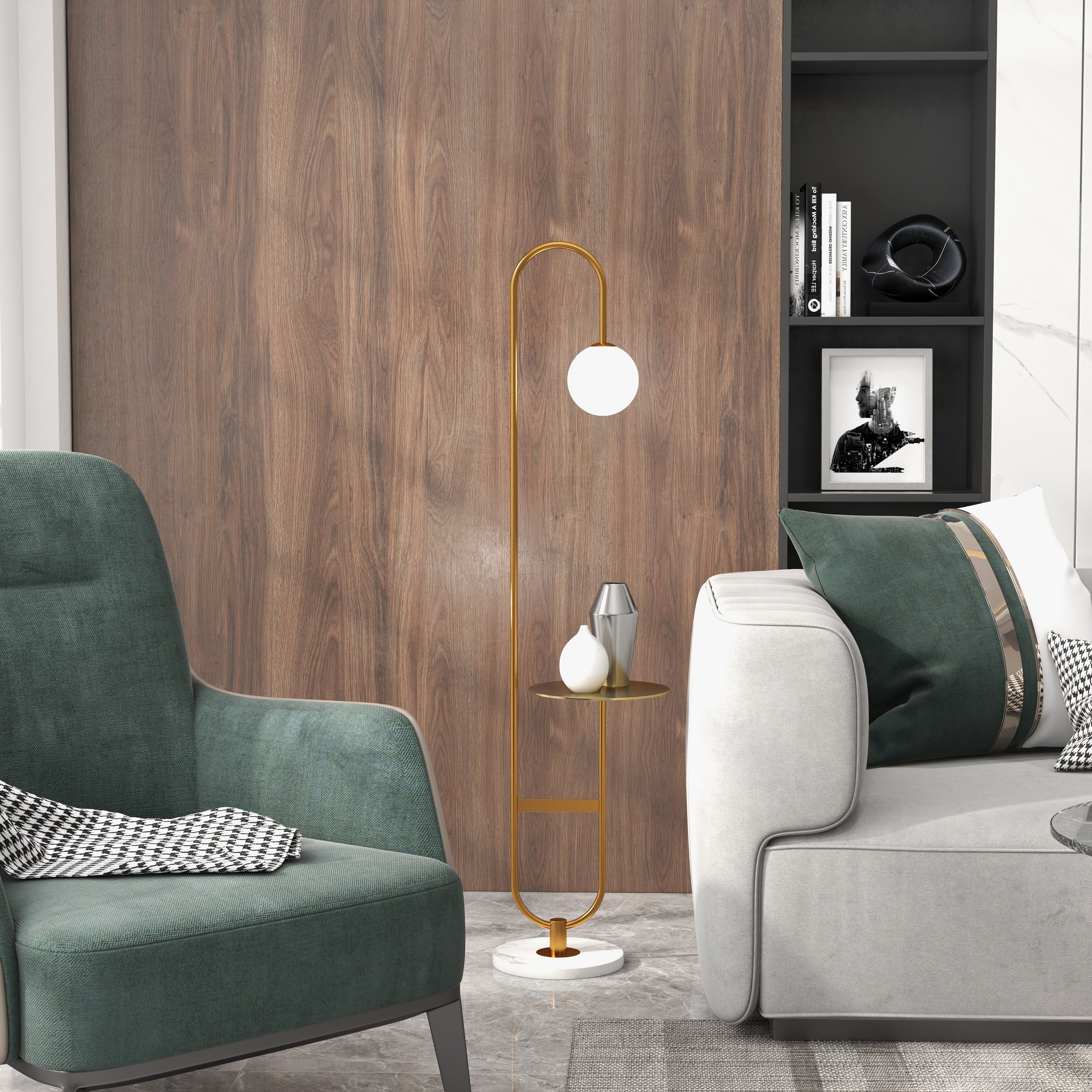 HMR - 60" Arc Floor Lamp with Shelf with Glass Shade and Marble Base in Gold