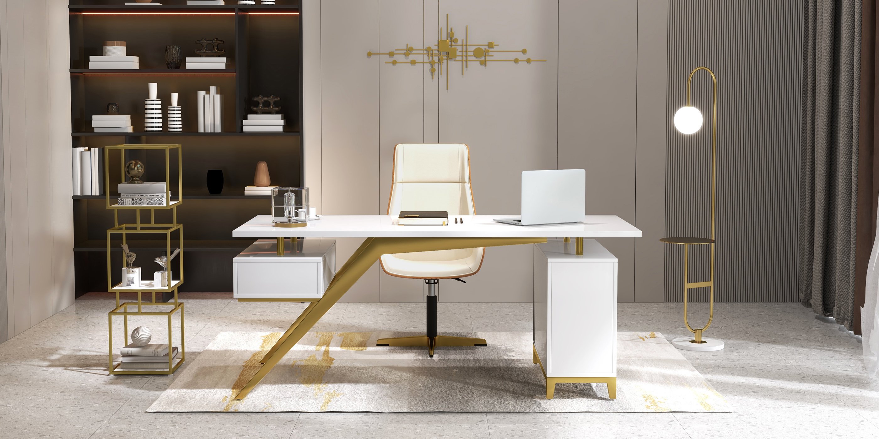 HMR - 60" Arc Floor Lamp with Shelf with Glass Shade and Marble Base in Gold