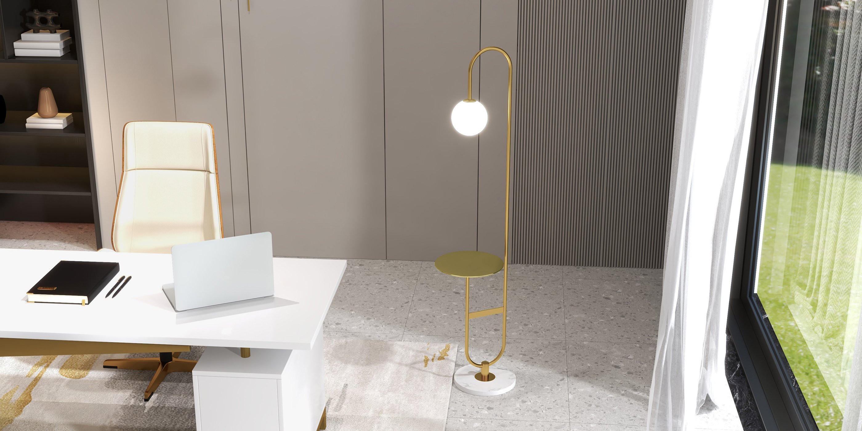 HMR - 60" Arc Floor Lamp with Shelf with Glass Shade and Marble Base in Gold