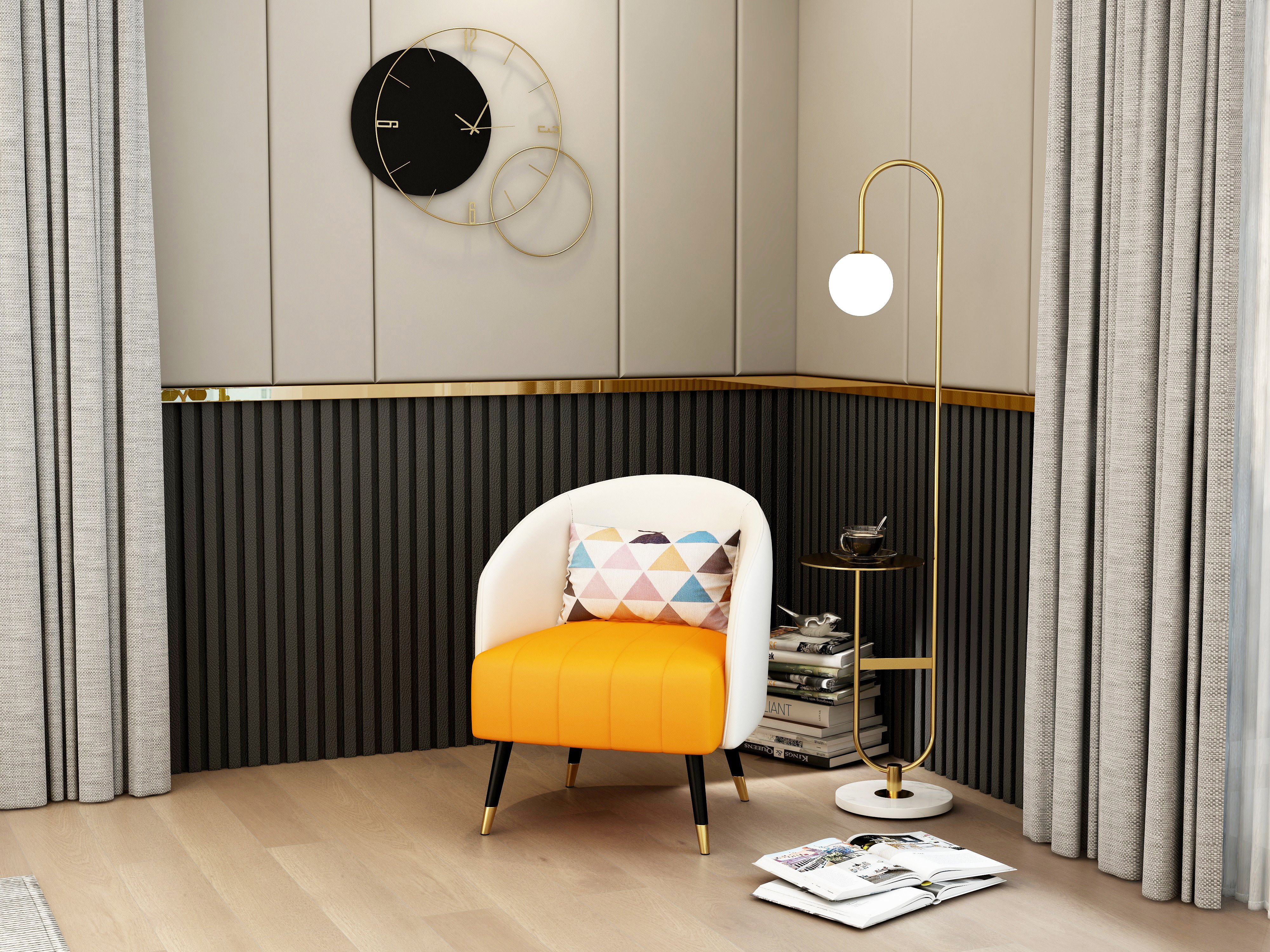 HMR - 60" Arc Floor Lamp with Shelf with Glass Shade and Marble Base in Gold