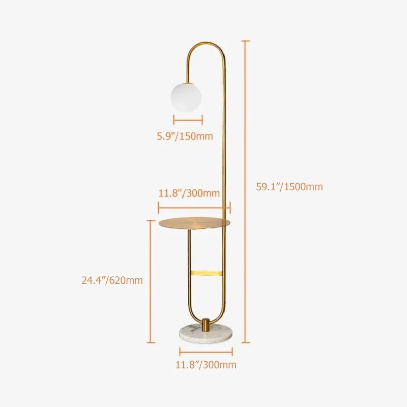 HMR - 60" Arc Floor Lamp with Shelf with Glass Shade and Marble Base in Gold
