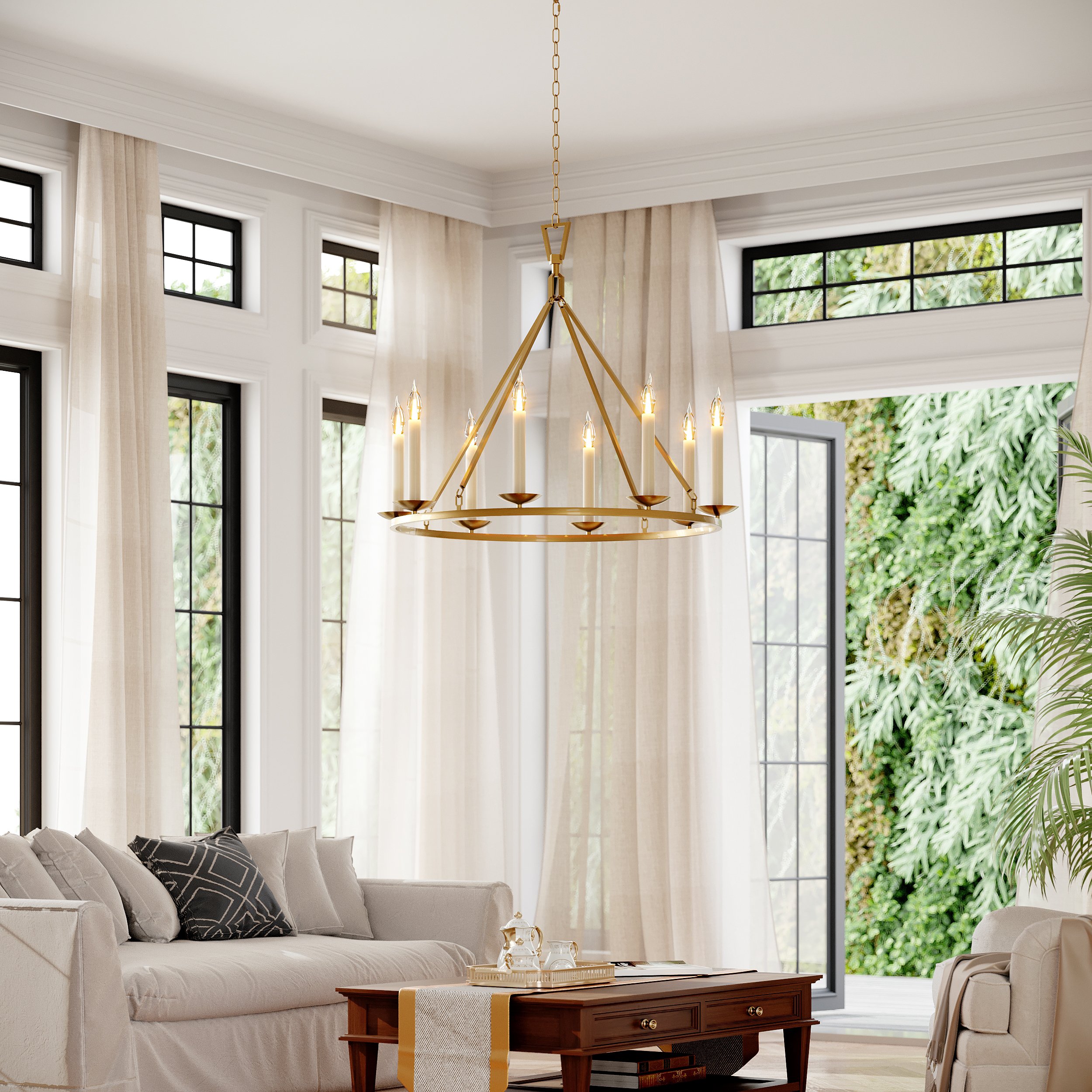 HMR - Rustic Candle Round Chandelier for Living Room in 8-Light