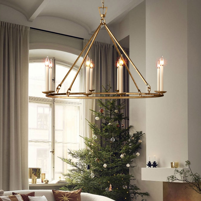 HMR - Rustic Candle Round Chandelier for Living Room in 8-Light
