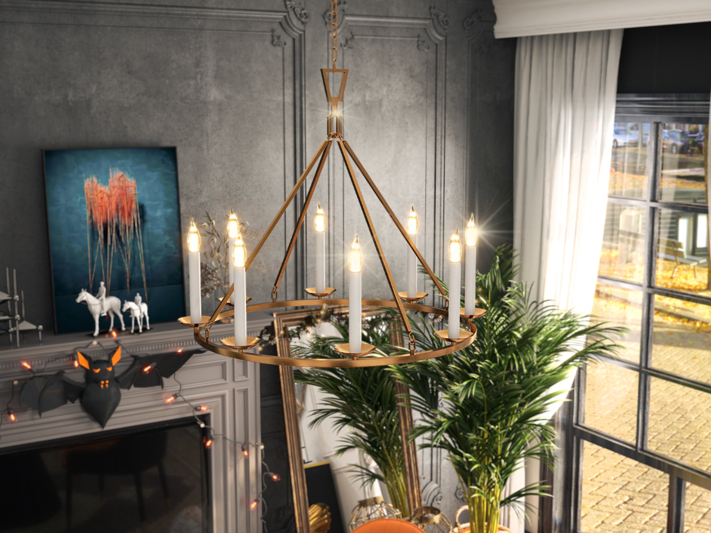 HMR - Rustic Candle Round Chandelier for Living Room in 8-Light