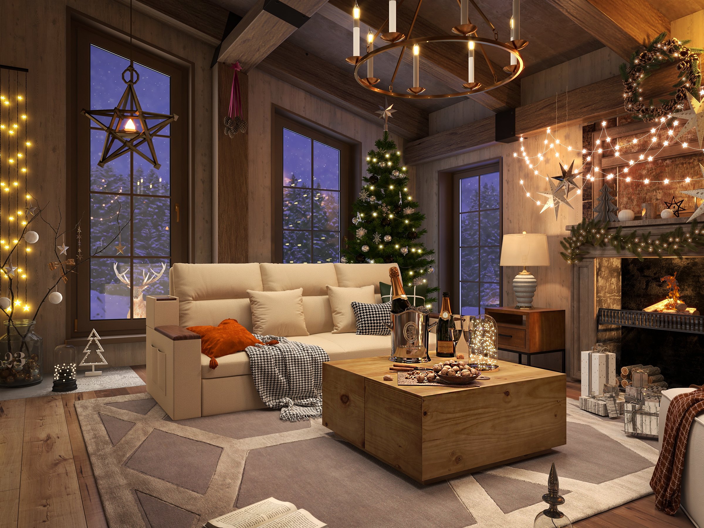 HMR - Rustic Candle Round Chandelier for Living Room in 8-Light