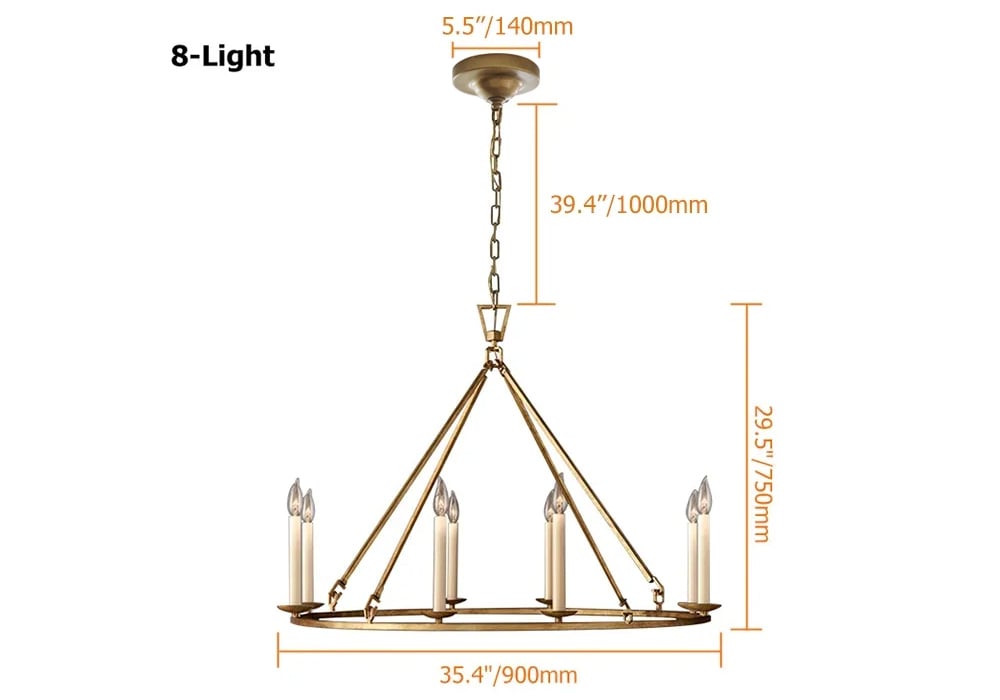 HMR - Rustic Candle Round Chandelier for Living Room in 8-Light