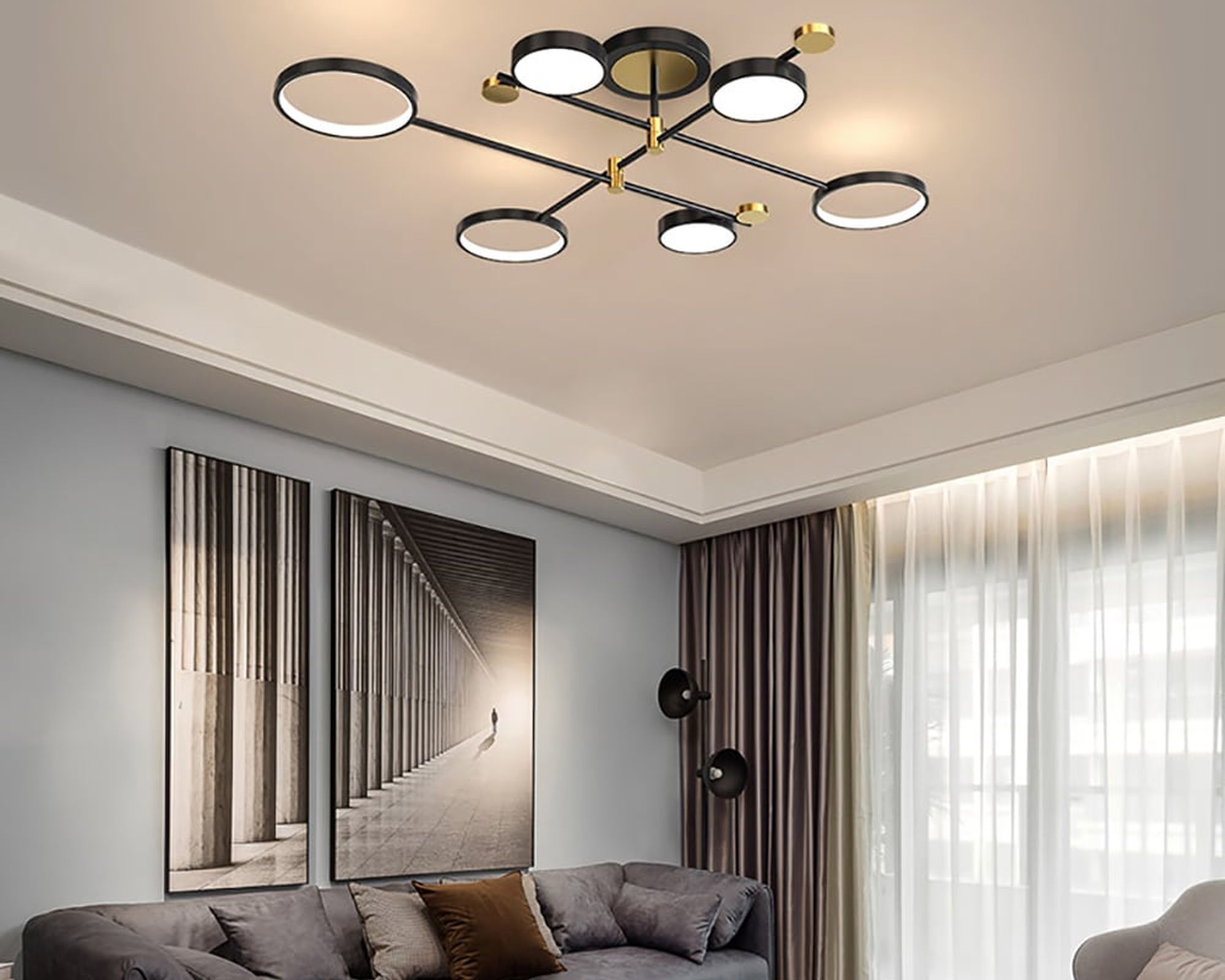 HMR Modern Semi Flush Mount Lighting Ceiling Light Fixture LED Ring - Black, 6 Light