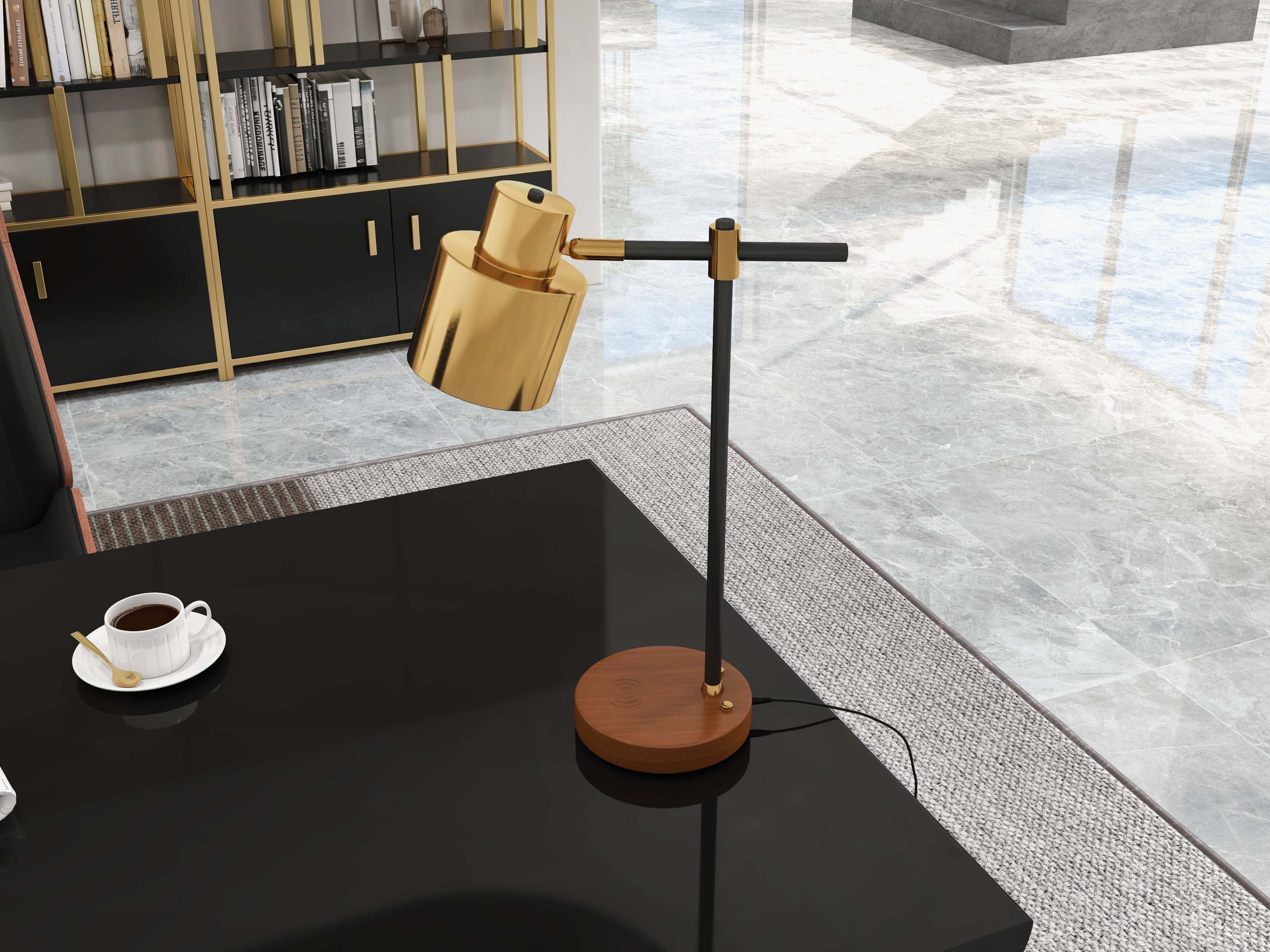 HMR - Table Lamp with Wireless Charger USB 1-Light in Black and Gold