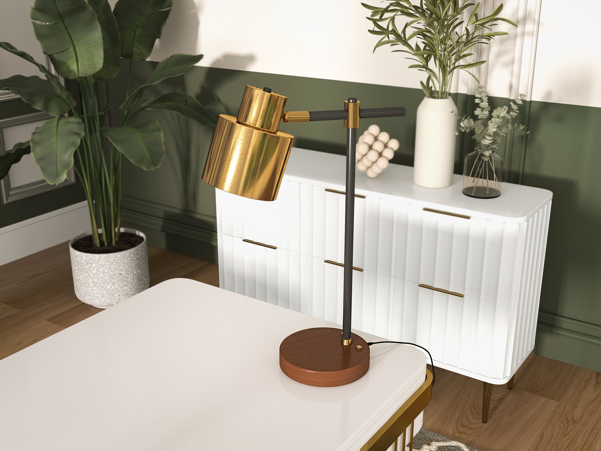HMR - Table Lamp with Wireless Charger USB 1-Light in Black and Gold