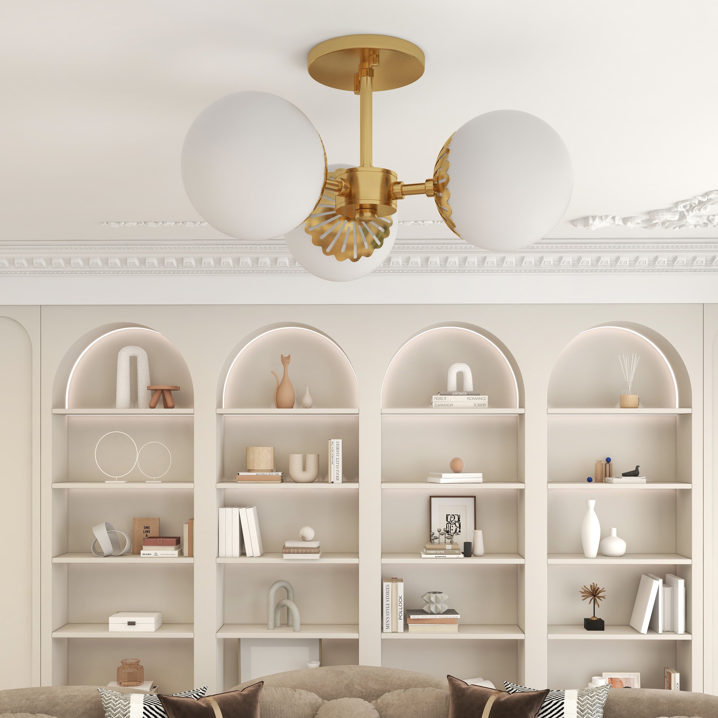 HMR - 3-Light Semi Flush Mount Light with Globe Shade in Gold