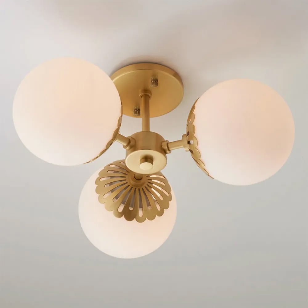 HMR - 3-Light Semi Flush Mount Light with Globe Shade in Gold