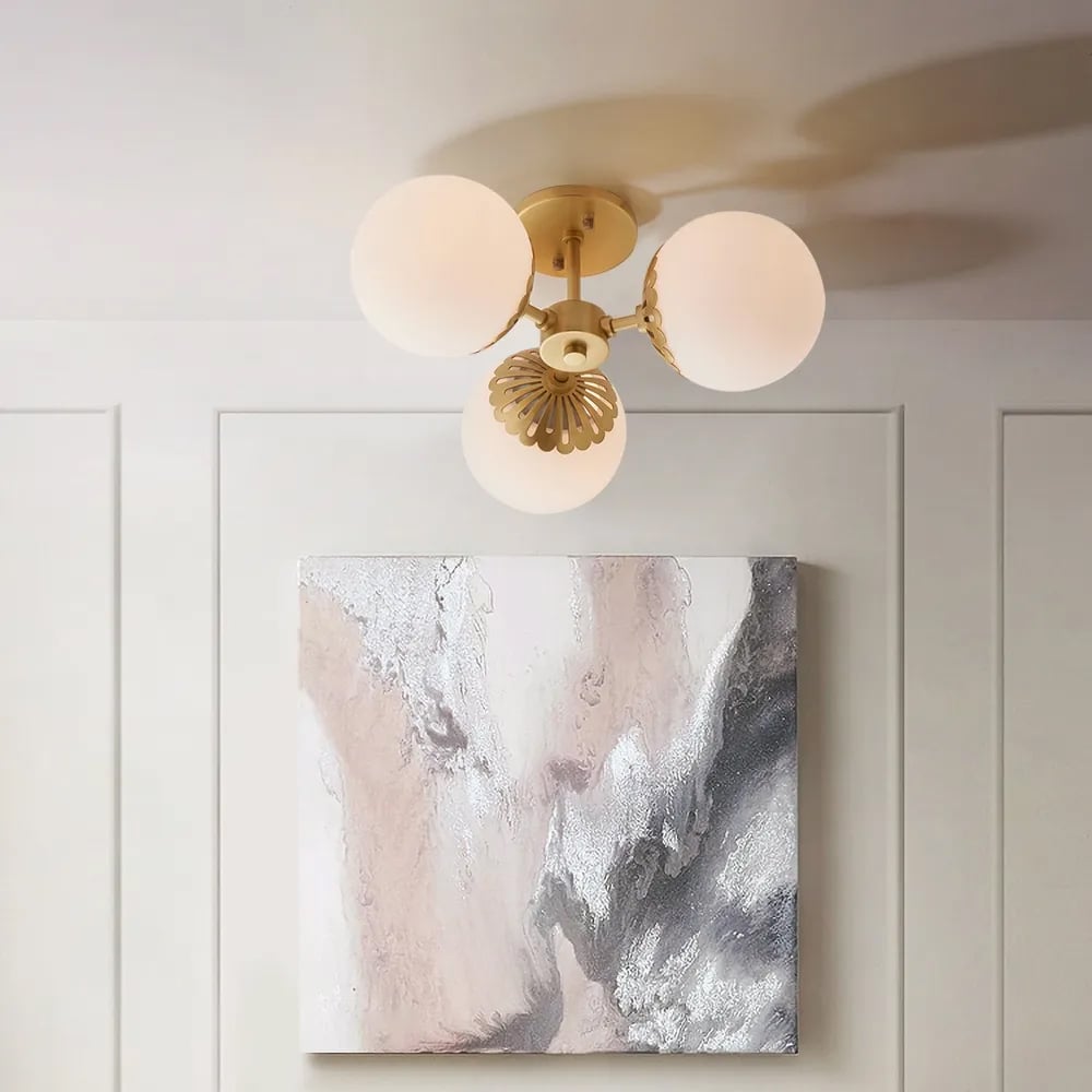 HMR - 3-Light Semi Flush Mount Light with Globe Shade in Gold
