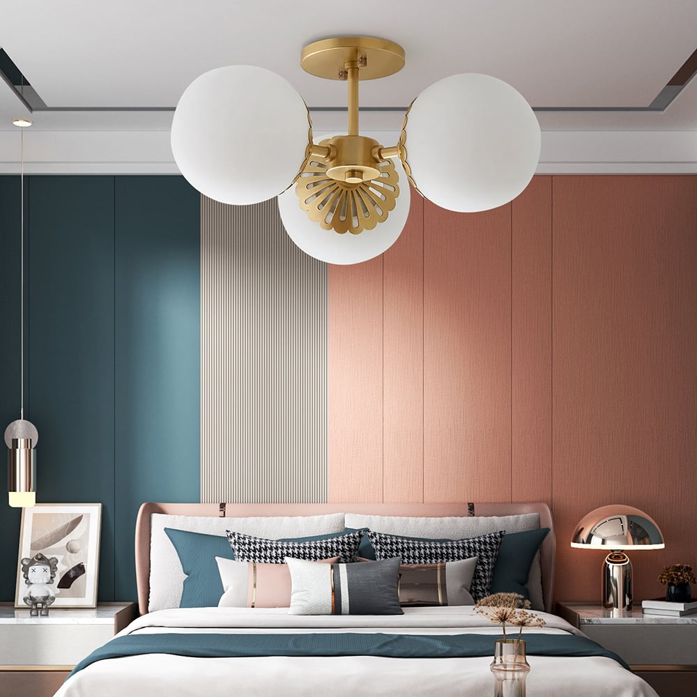HMR - 3-Light Semi Flush Mount Light with Globe Shade in Gold