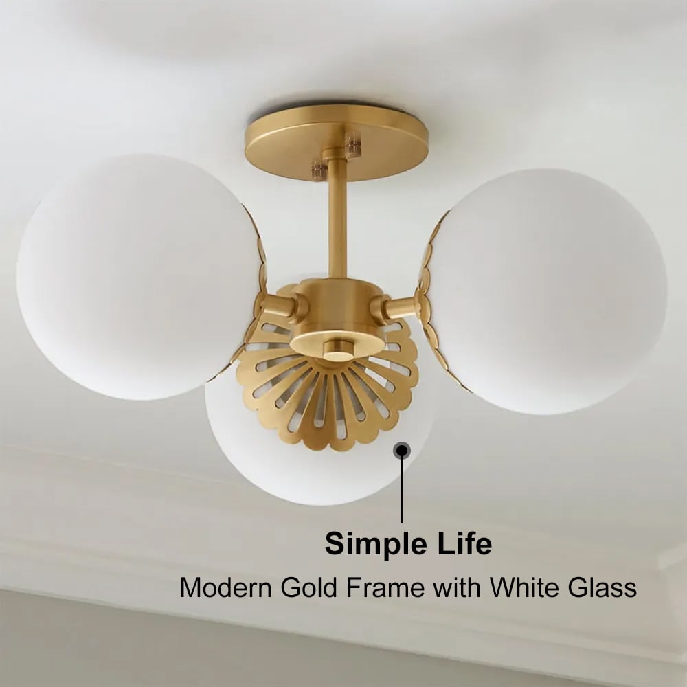 HMR - 3-Light Semi Flush Mount Light with Globe Shade in Gold