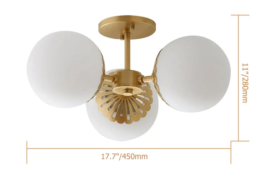 HMR - 3-Light Semi Flush Mount Light with Globe Shade in Gold