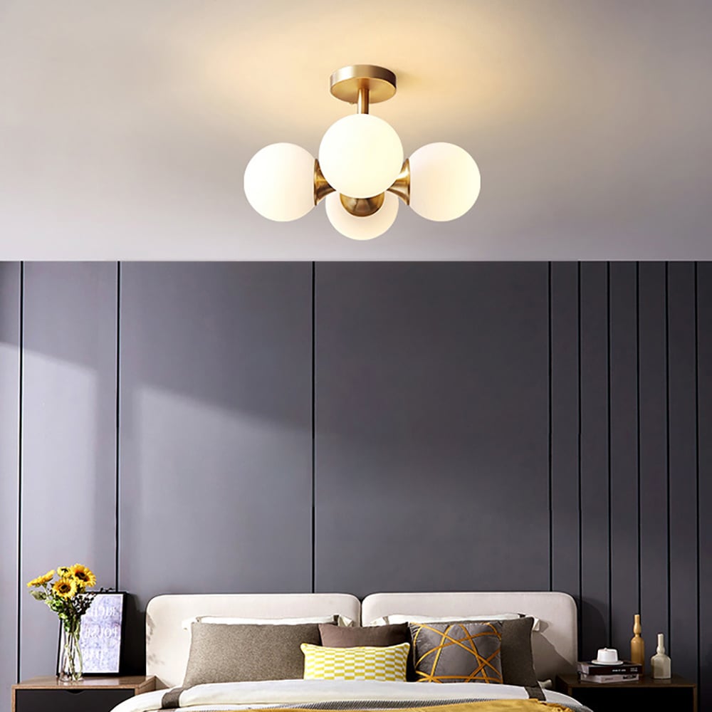 HMR - Globerg 4-Light Semi-Flush Mount Globe Shade Chandelier in Brass