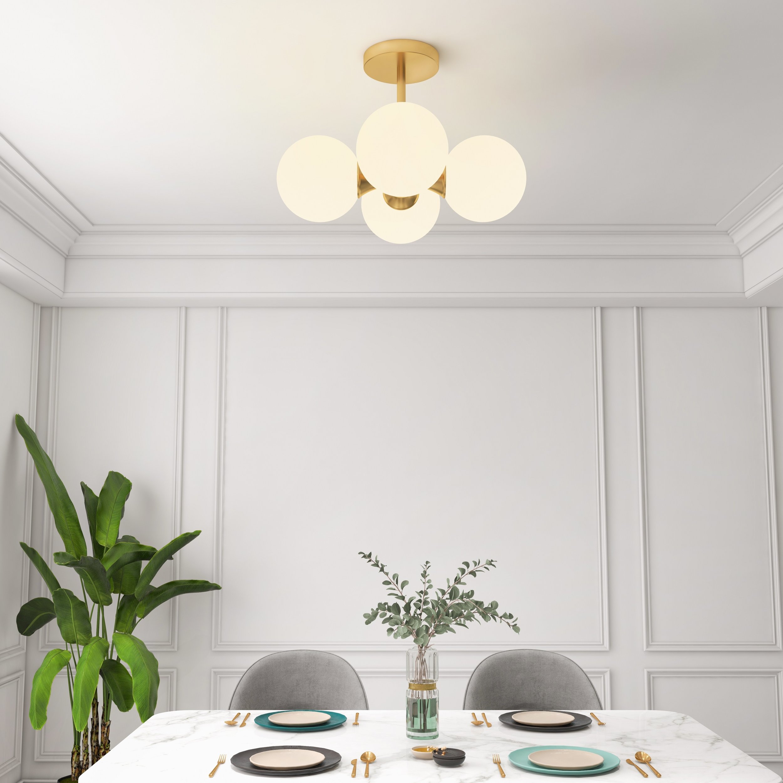 HMR - Globerg 4-Light Semi-Flush Mount Globe Shade Chandelier in Brass