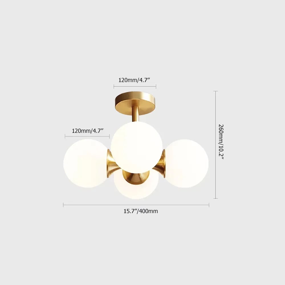 HMR - Globerg 4-Light Semi-Flush Mount Globe Shade Chandelier in Brass