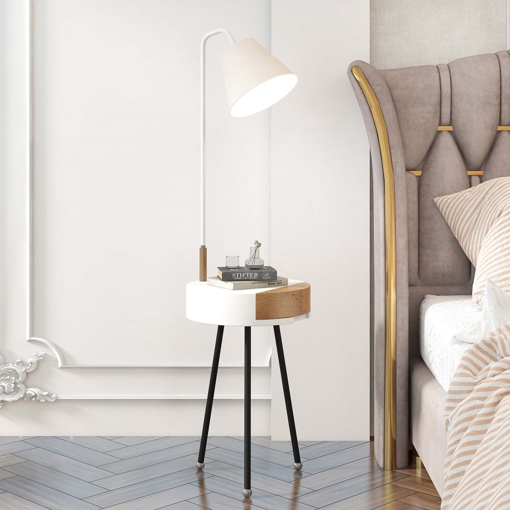 HMR - Arc LED End Table Tripod Floor Lamp Fabric Shade in White