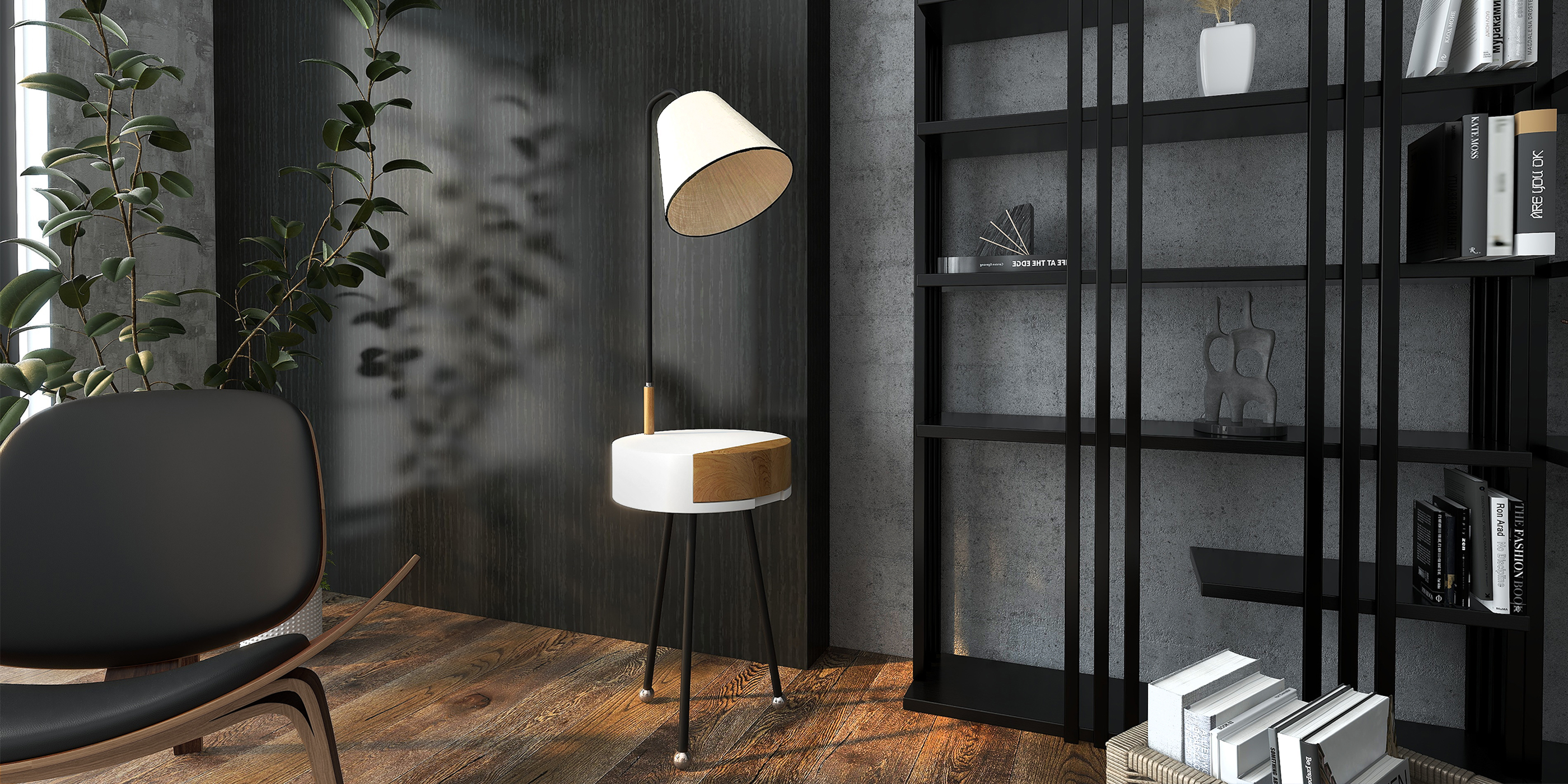 HMR - Arc LED End Table Tripod Floor Lamp Fabric Shade in White