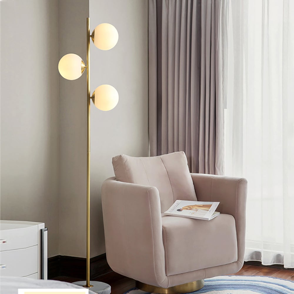HMR - 3-Light Tree Floor Lamp Glass Globe Shade Marble Base in Gold and White