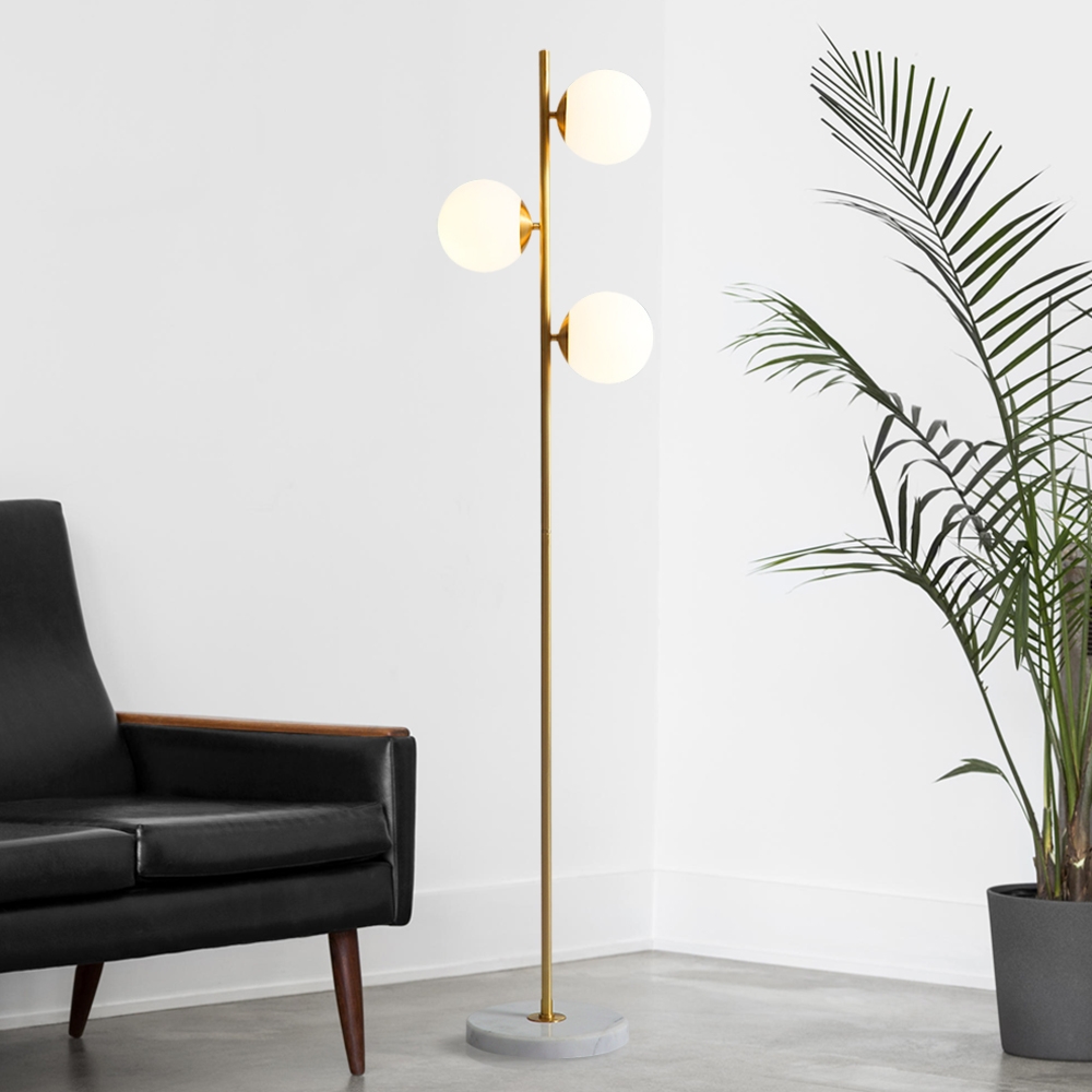 HMR - 3-Light Tree Floor Lamp Glass Globe Shade Marble Base in Gold and White