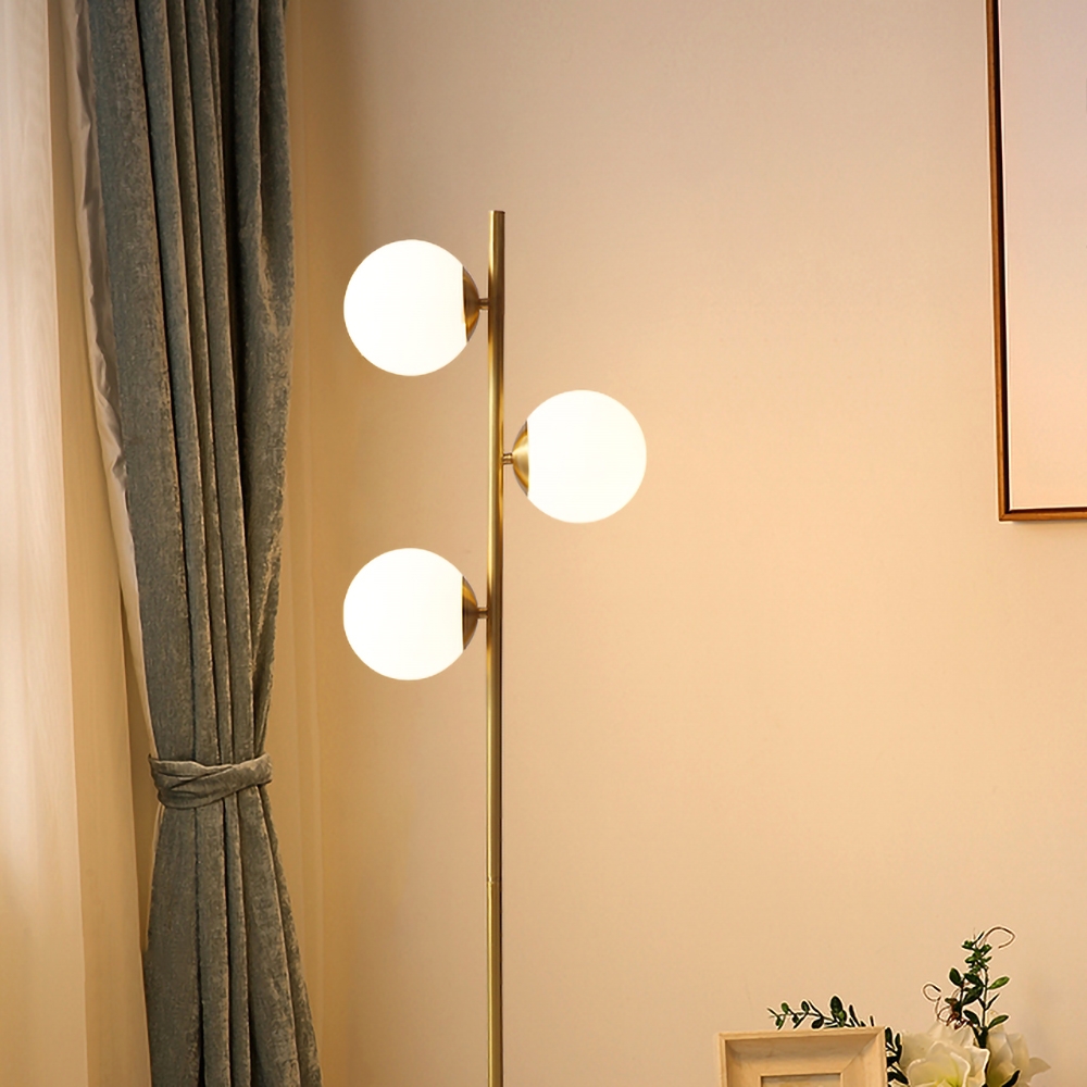 HMR - 3-Light Tree Floor Lamp Glass Globe Shade Marble Base in Gold and White