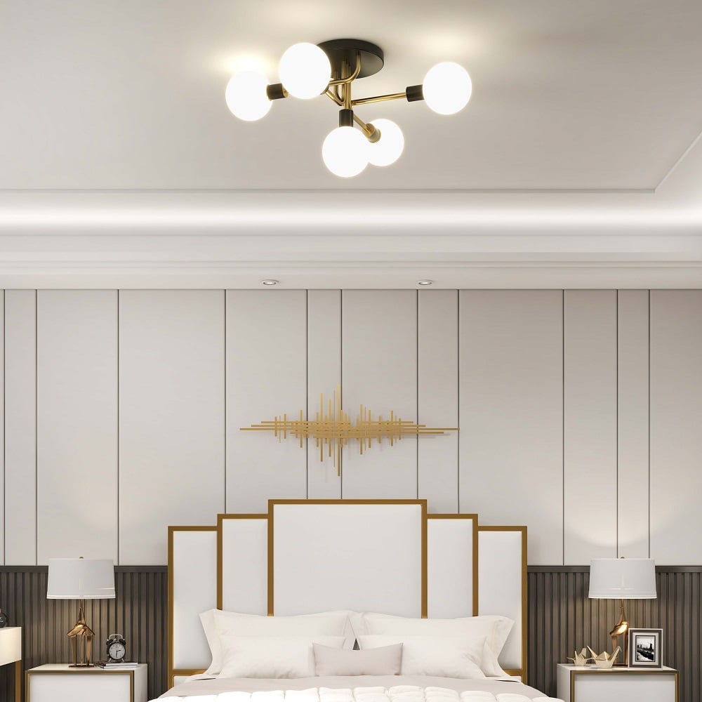 HMR - Globe Chandelier Flush Mount Light in 5-Light in Brass