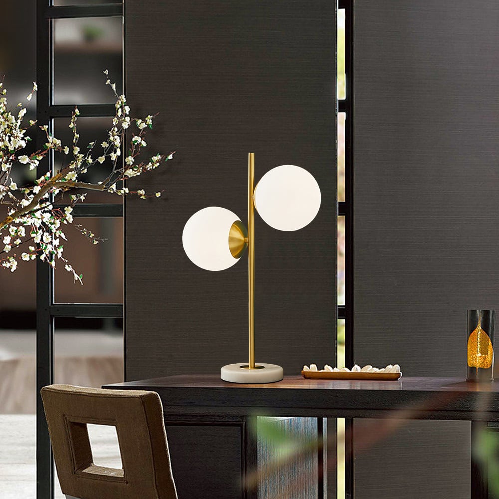 HMR - LED Globe Table Lamp 2 Light with Glass Shade and Marble Base in Gold and White
