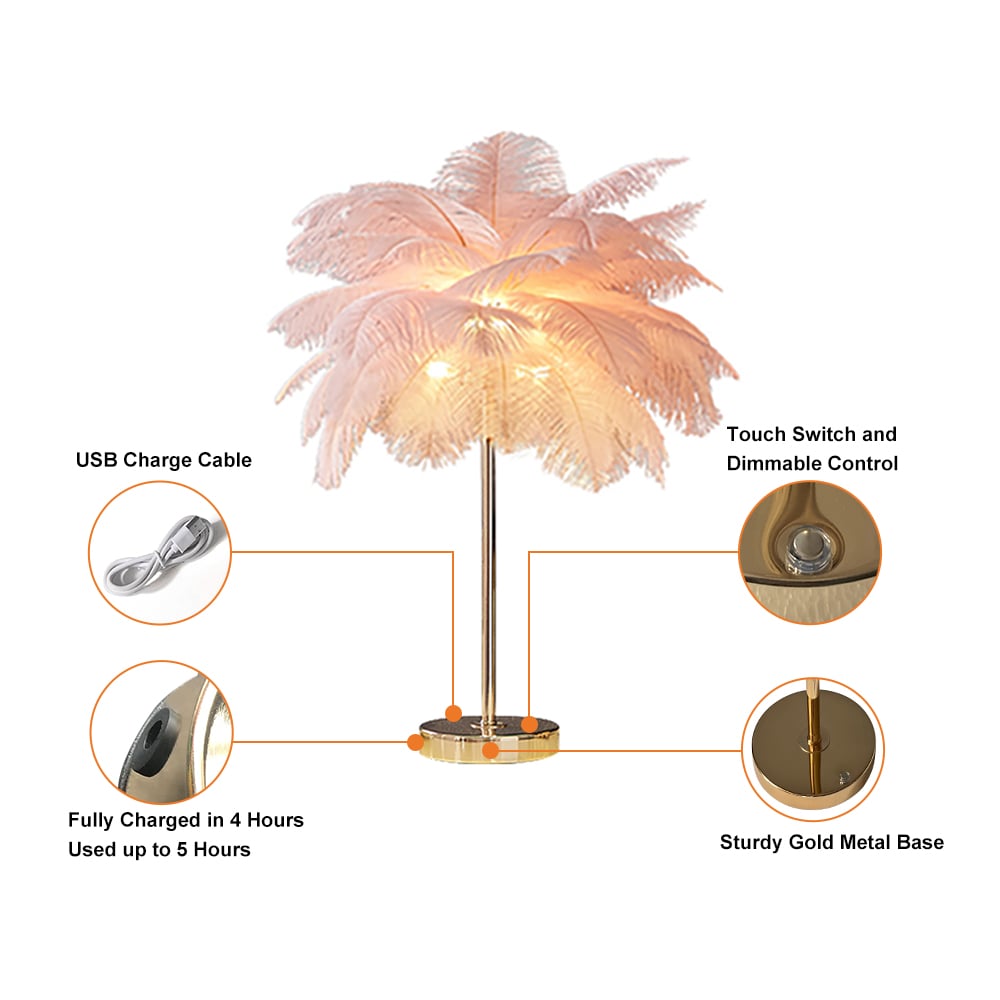 HMR - Loftus Art Deco Gold Portable Table Lamp with Feather & USB Charging