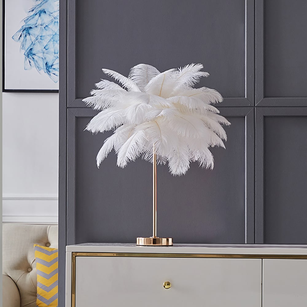 HMR Loftus Art Deco Gold Portable Table Lamp with Feather & USB Charging - White, Dimmable