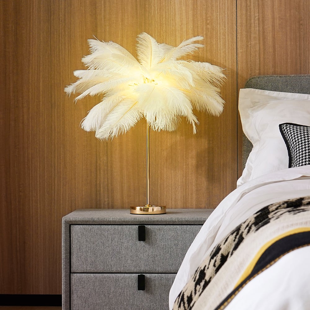 HMR Loftus Art Deco Gold Portable Table Lamp with Feather & USB Charging - White, Dimmable