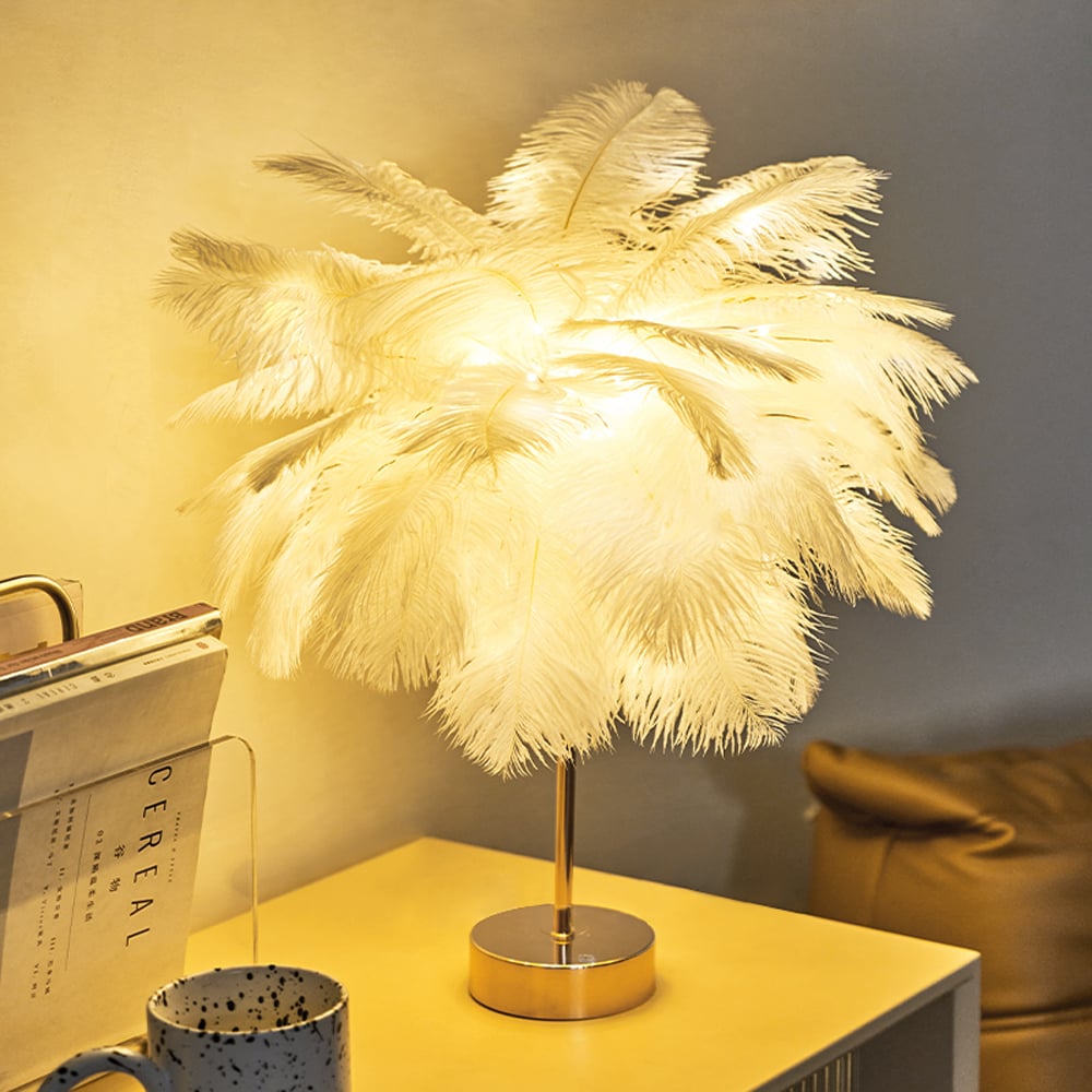 HMR Loftus Art Deco Gold Portable Table Lamp with Feather & USB Charging - White, Dimmable