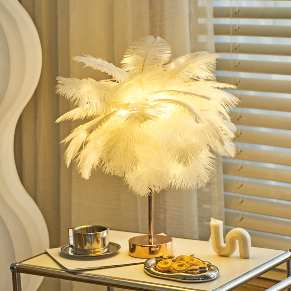 HMR Loftus Art Deco Gold Portable Table Lamp with Feather & USB Charging - White, Dimmable