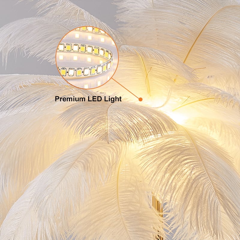 HMR Loftus Art Deco Gold Portable Table Lamp with Feather & USB Charging - White, Dimmable
