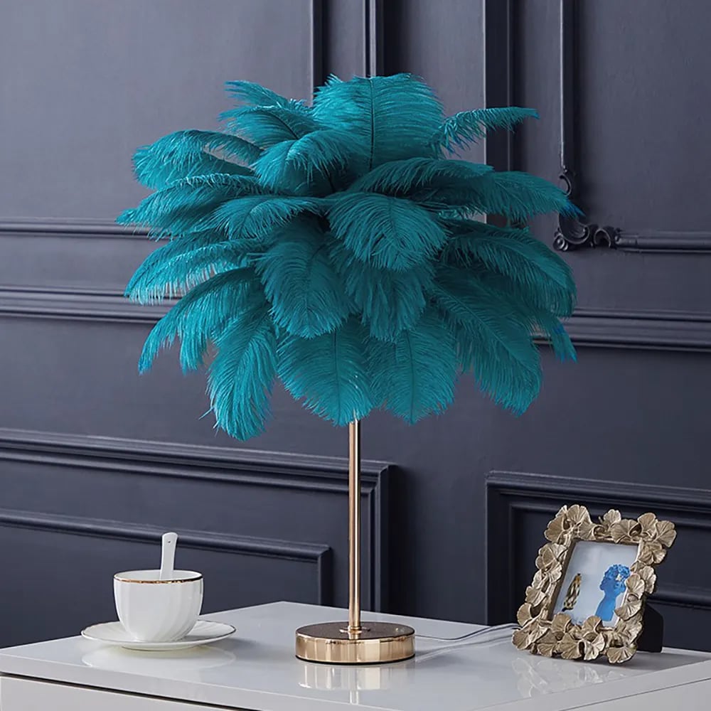 HMR Loftus Art Deco Gold Portable Table Lamp with Feather & USB Charging - Green, Dimmable