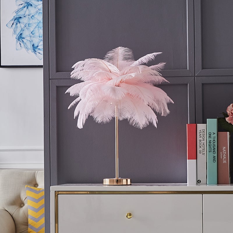 HMR Loftus Art Deco Gold Portable Table Lamp with Feather & USB Charging - Pink, No Dimmable