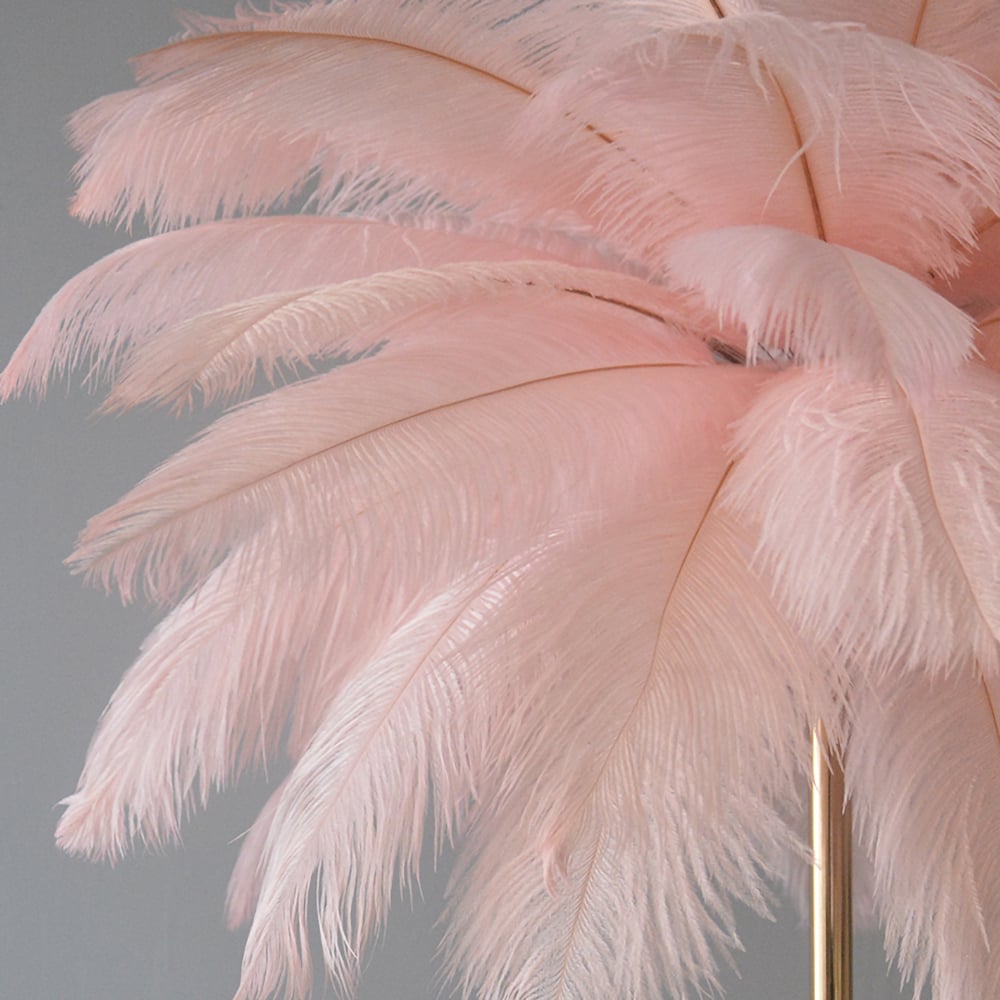 HMR Loftus Art Deco Gold Portable Table Lamp with Feather & USB Charging - Pink, No Dimmable