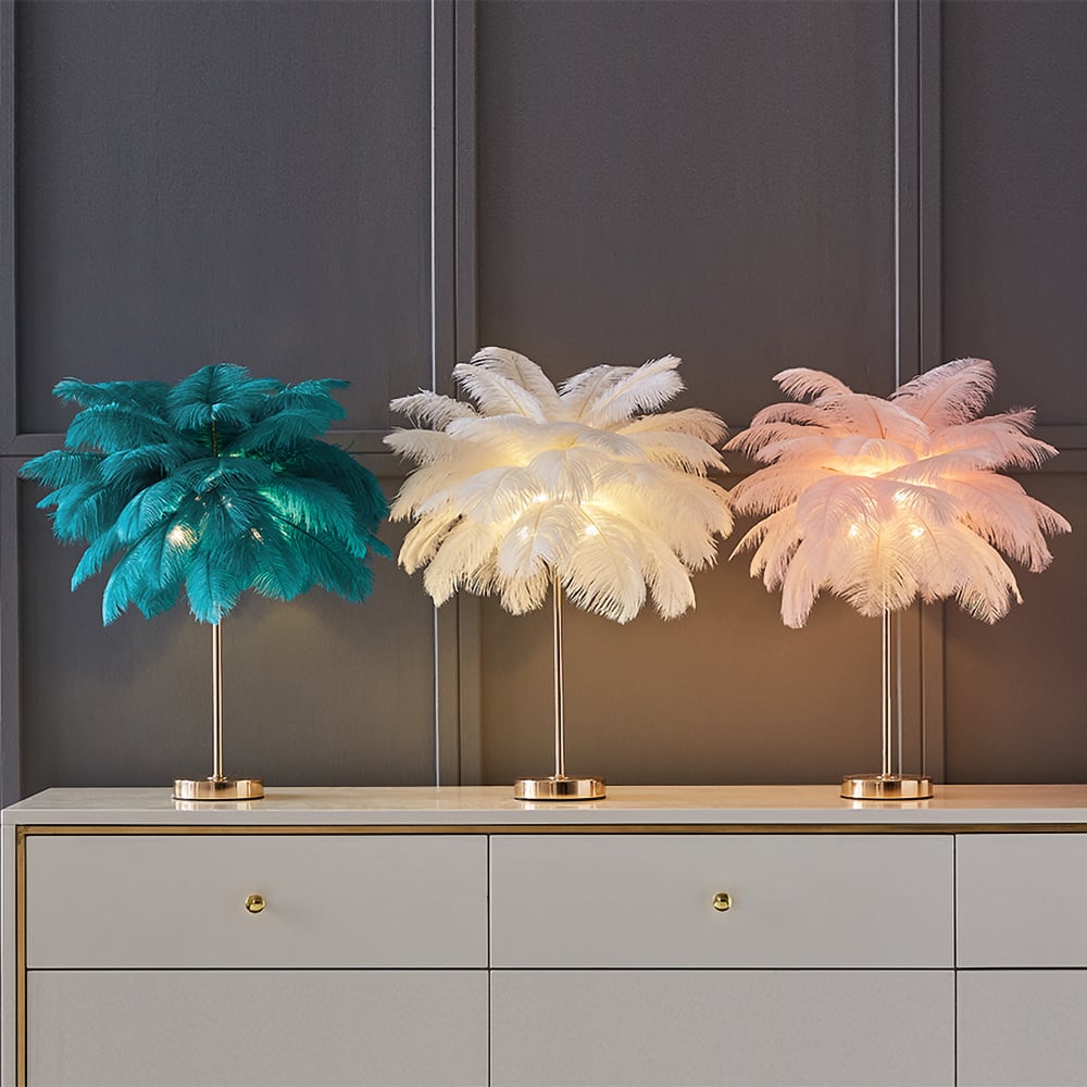 HMR Loftus Art Deco Gold Portable Table Lamp with Feather & USB Charging - White, No Dimmable