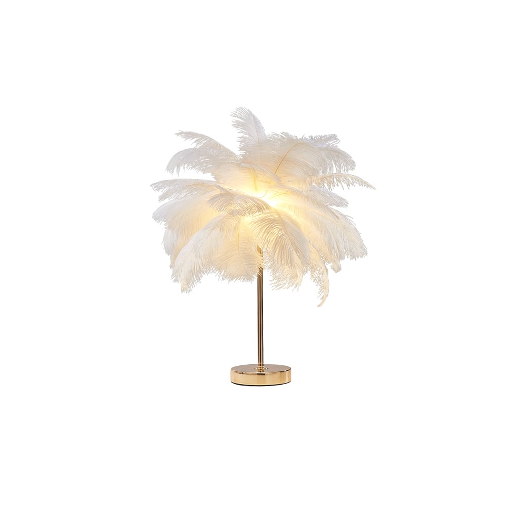 HMR Loftus Art Deco Gold Portable Table Lamp with Feather & USB Charging - White, No Dimmable