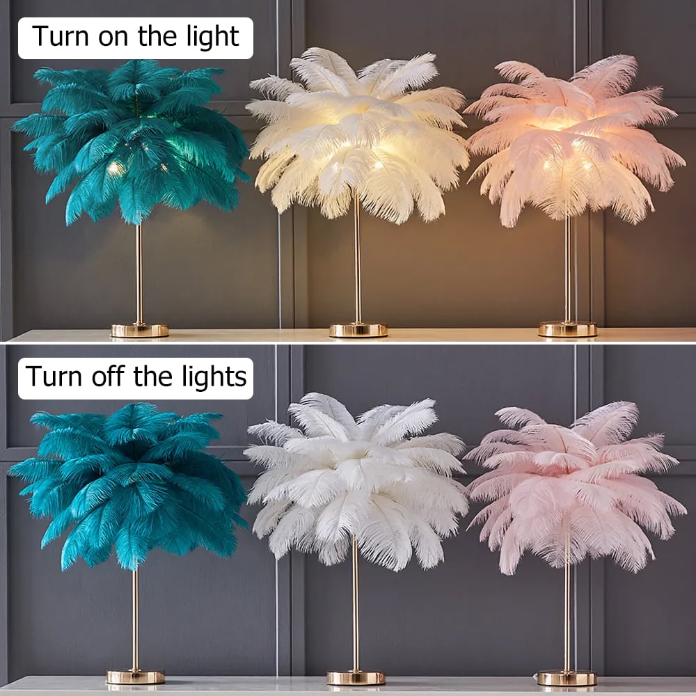 HMR Loftus Art Deco Gold Portable Table Lamp with Feather & USB Charging - White, No Dimmable