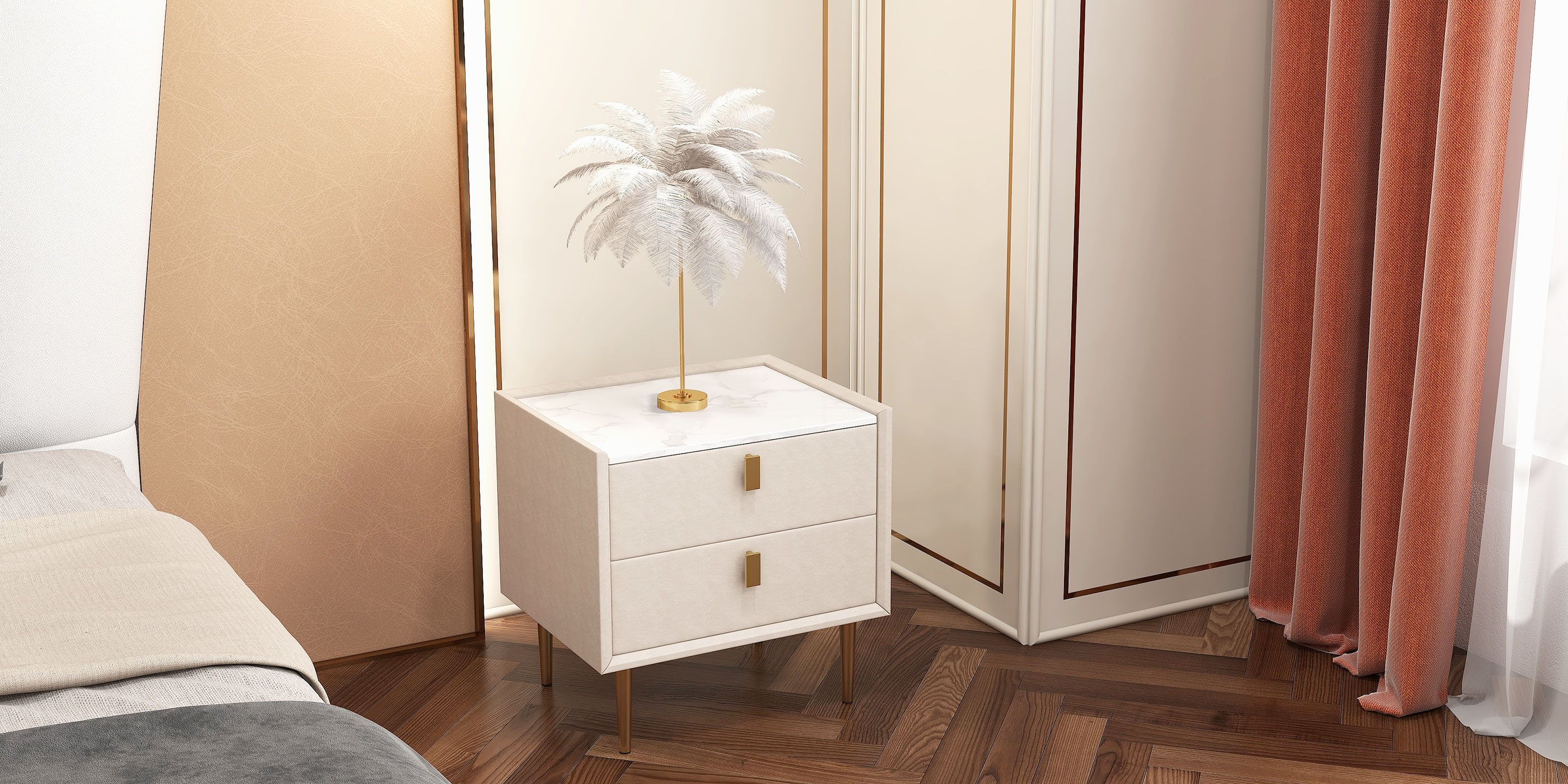 HMR Loftus Art Deco Gold Portable Table Lamp with Feather & USB Charging - White, No Dimmable