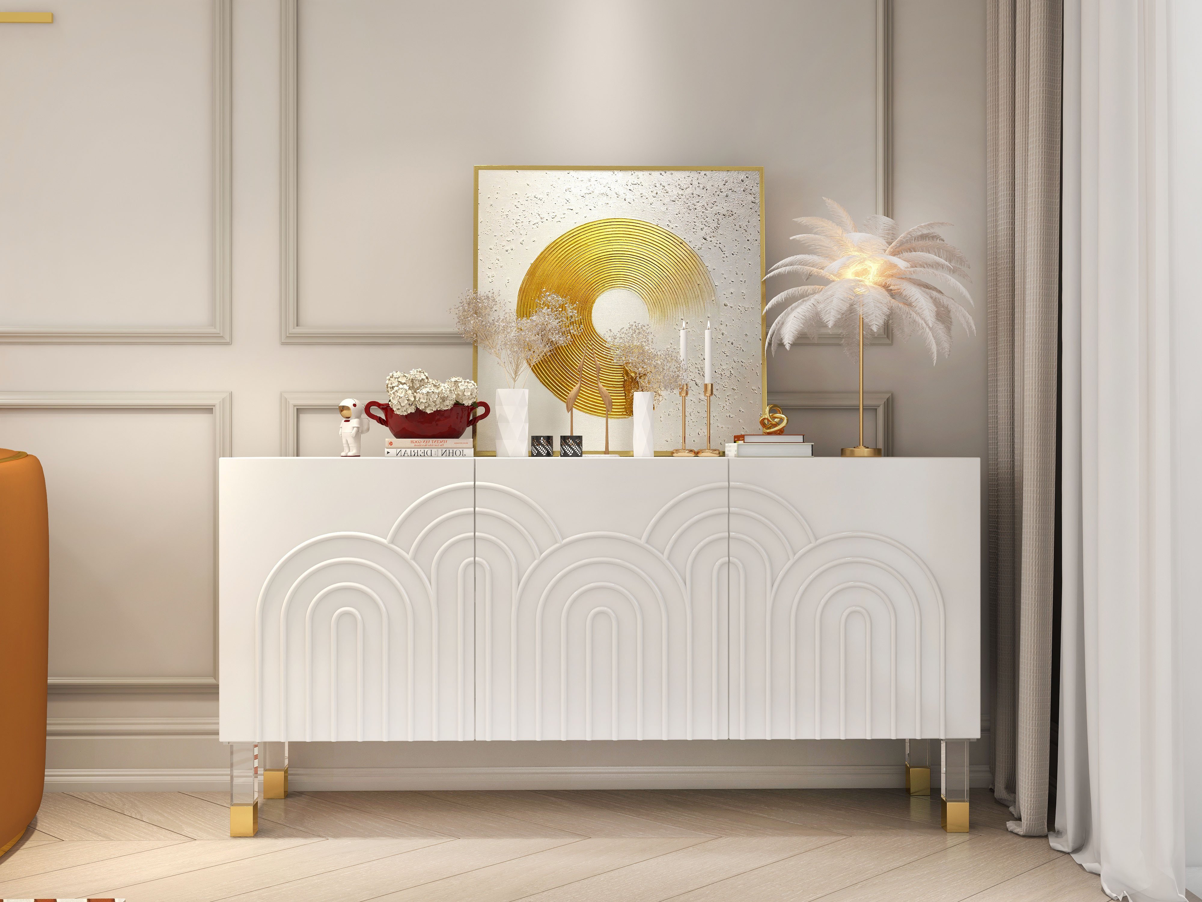 HMR Loftus Art Deco Gold Portable Table Lamp with Feather & USB Charging - White, No Dimmable