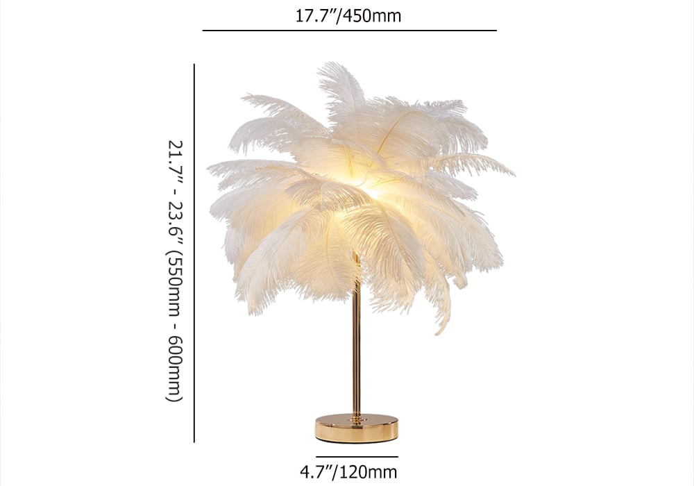 HMR Loftus Art Deco Gold Portable Table Lamp with Feather & USB Charging - White, No Dimmable