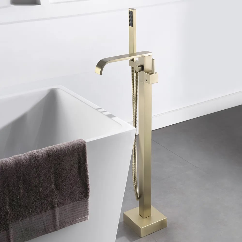 HMR - Dree Floor Mounted Faucet with Handheld Shower in Brushed Nickel, Brass