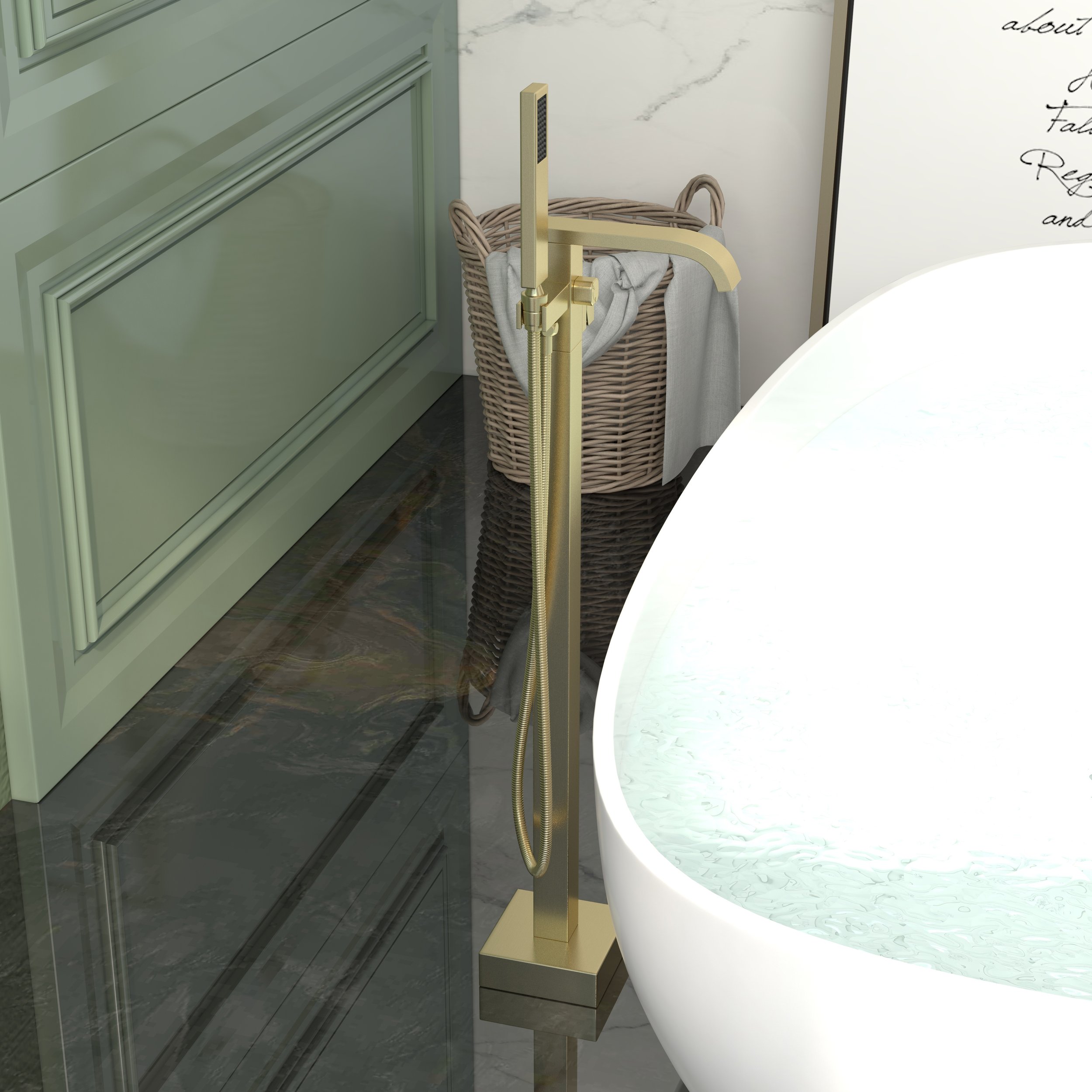 HMR - Dree Floor Mounted Faucet with Handheld Shower in Brushed Nickel, Brass